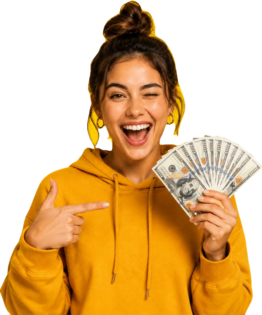 Creator smiling and holding cash earned from brand sponsorship deals on SocialDB