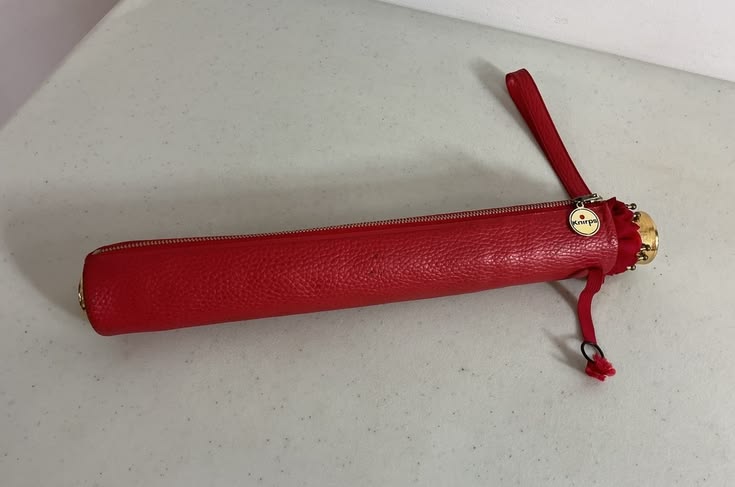 New! Vintage Knirps Red Folding Umbrella With Leather Case w