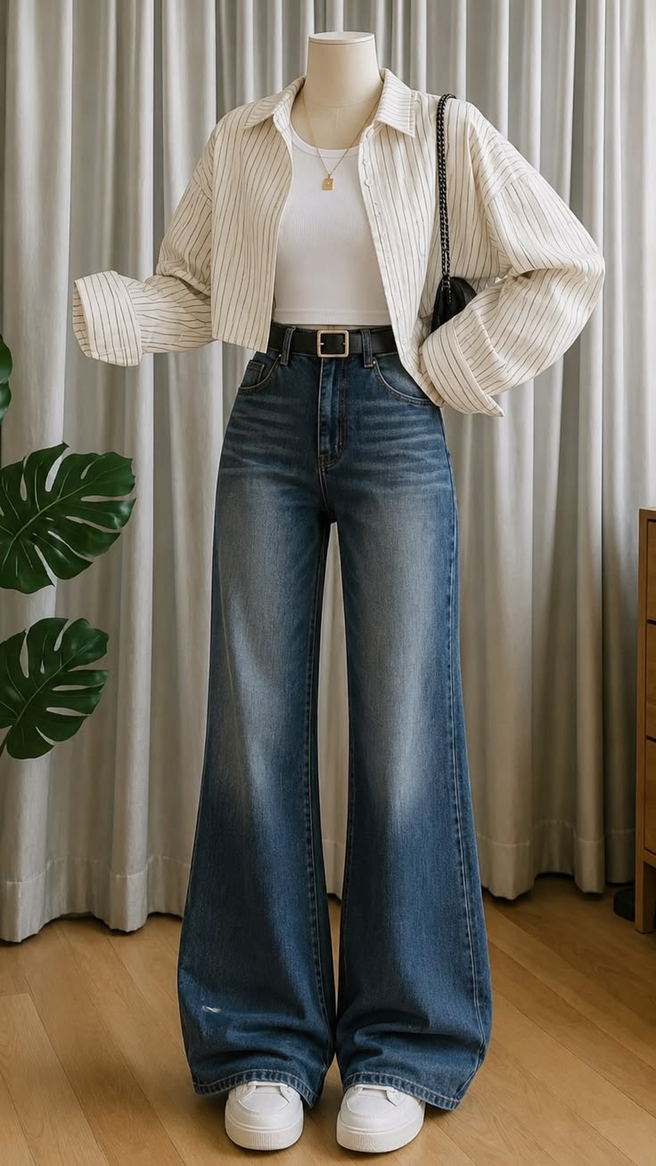 A simple and classy everyday outfit featuring wide-leg jeans