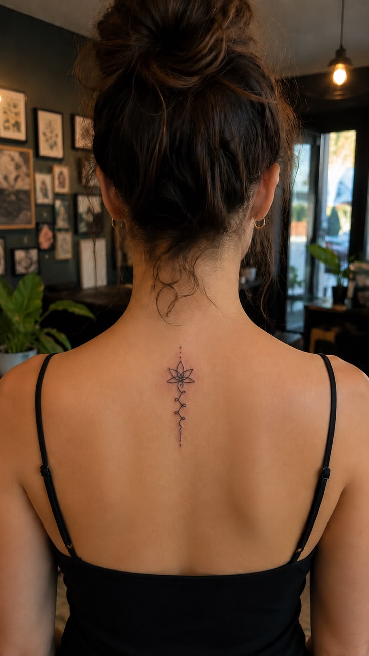 A delicate lotus-inspired spine tattoo with elegant fine-lin