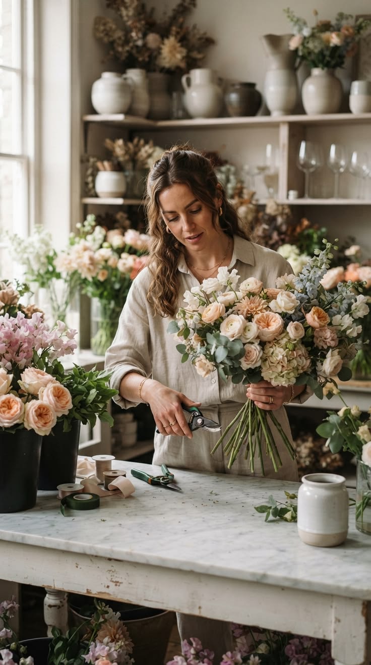 A professional florist preparing an elegant floral masterpie