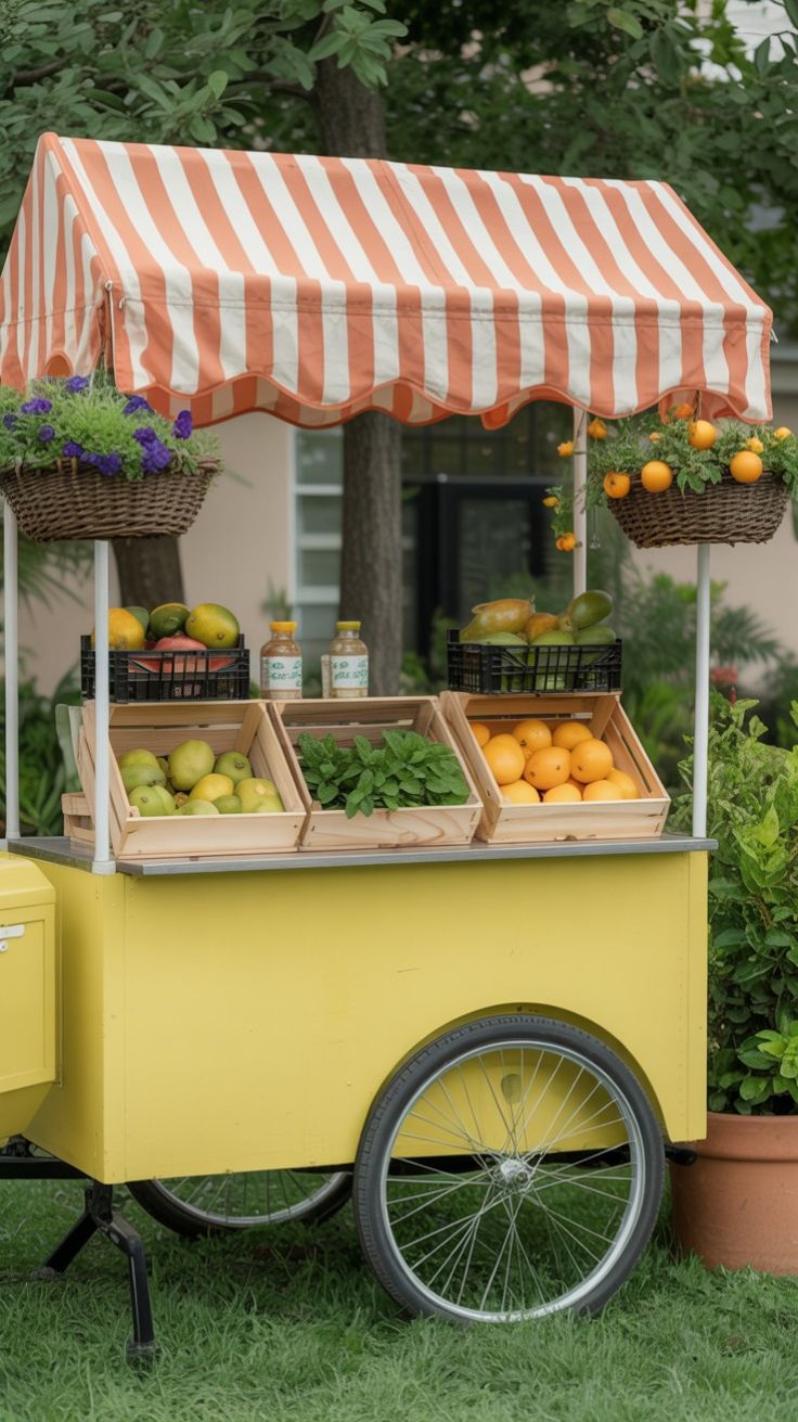 A clean, whitewashed juice cart with fruit baskets, glass ja