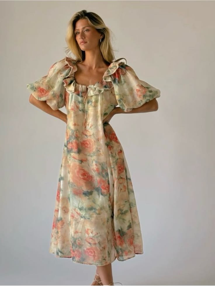 Elegant Cream Midi Dress With Soft Pink Floral Print. Featur