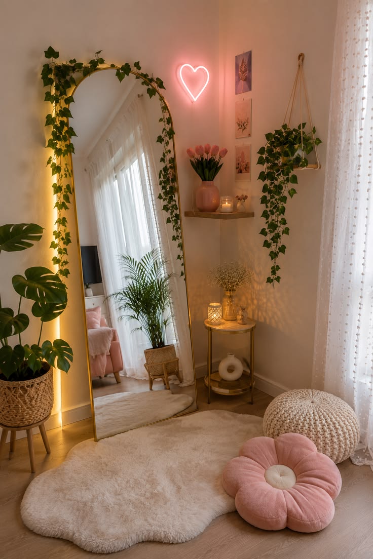 Give your room a feminine makeover with a tall golden mirror