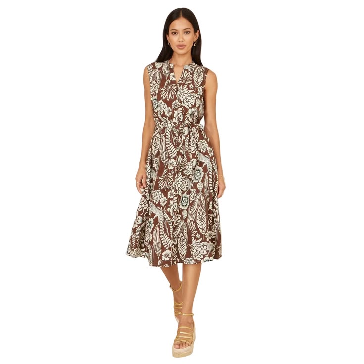 Brown Sleeveless Midi Dress with Leaf Print and Tie Waist