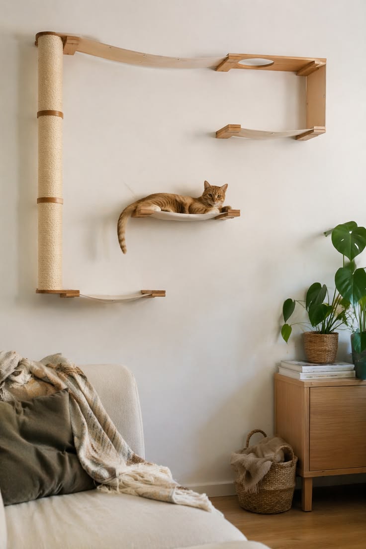 Soft textures, warm wood, and a floating cat wall that feels