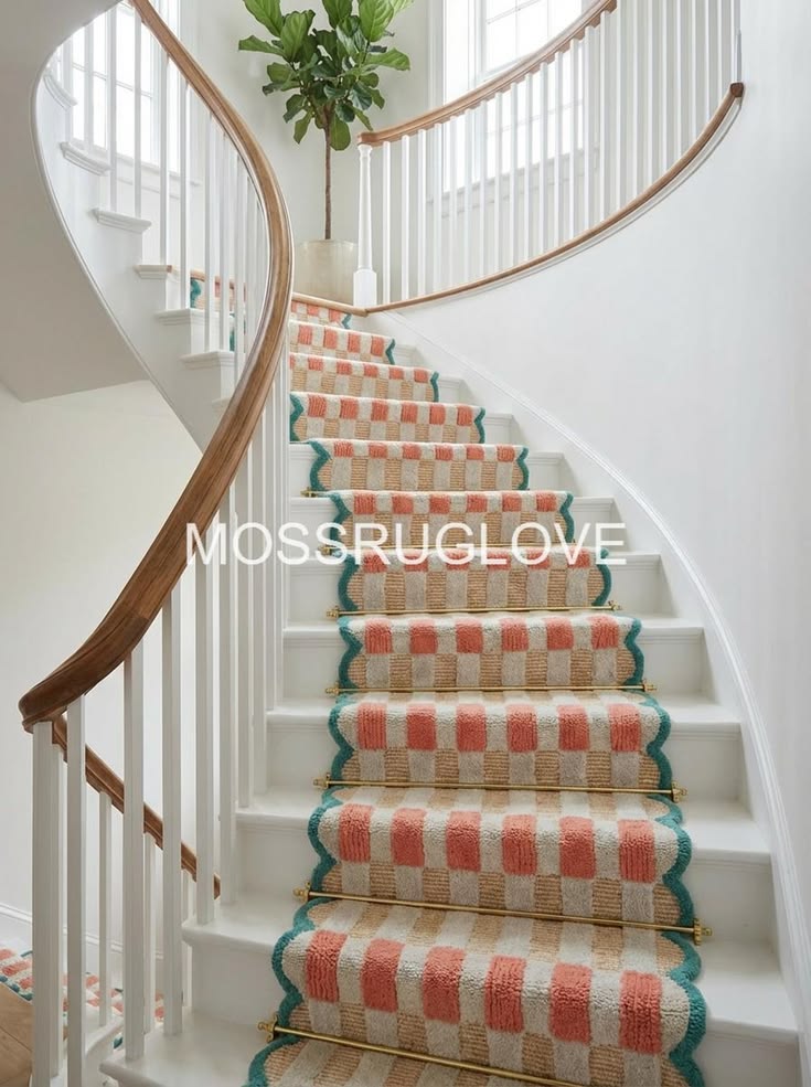 Tufted Scalloped Edge Staircase Carpet, Blue, Teal, Pink Han