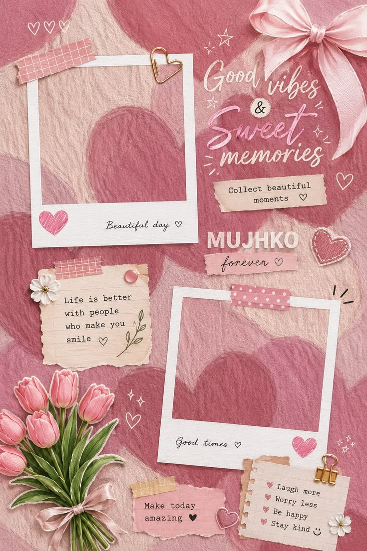 Soft pink aesthetic collage template with bows, tulips, and 