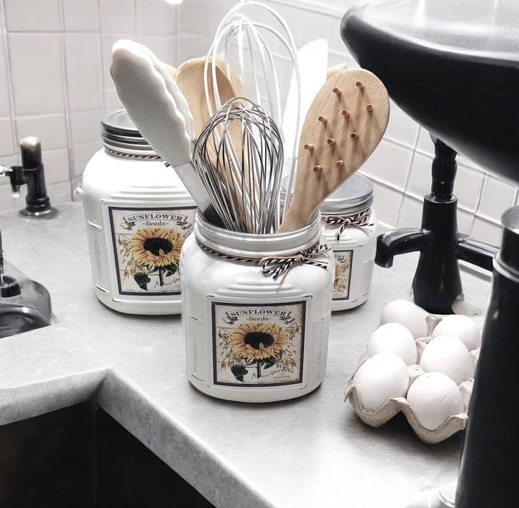 Sunflower Utensil Holder Jar, Utensil Crock, Farmhouse Utens
