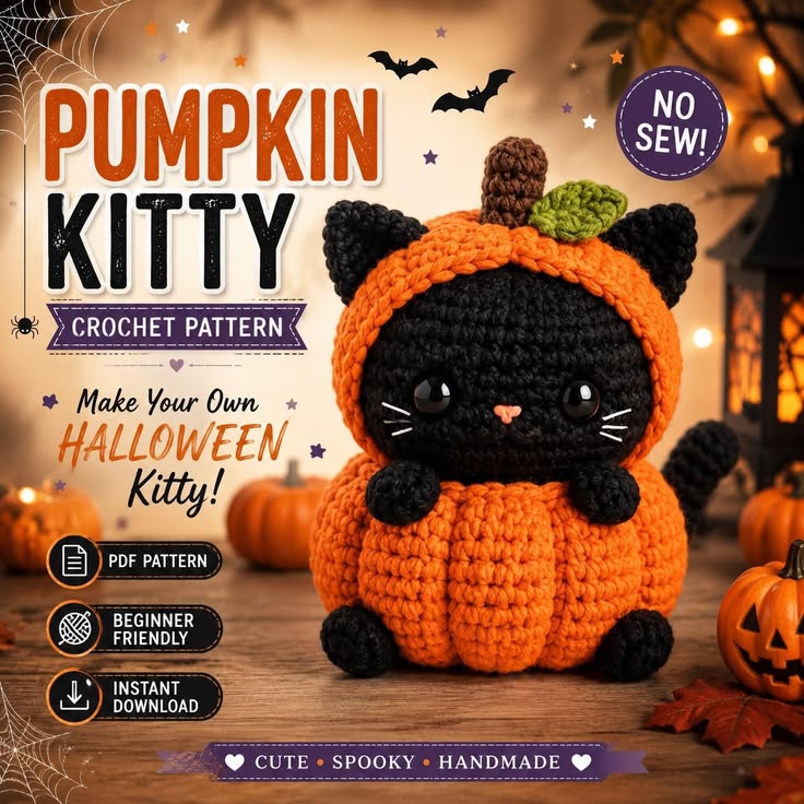 Pumpkin Kitty Crochet Pattern, Halloween Cat Amigurumi PDF, 