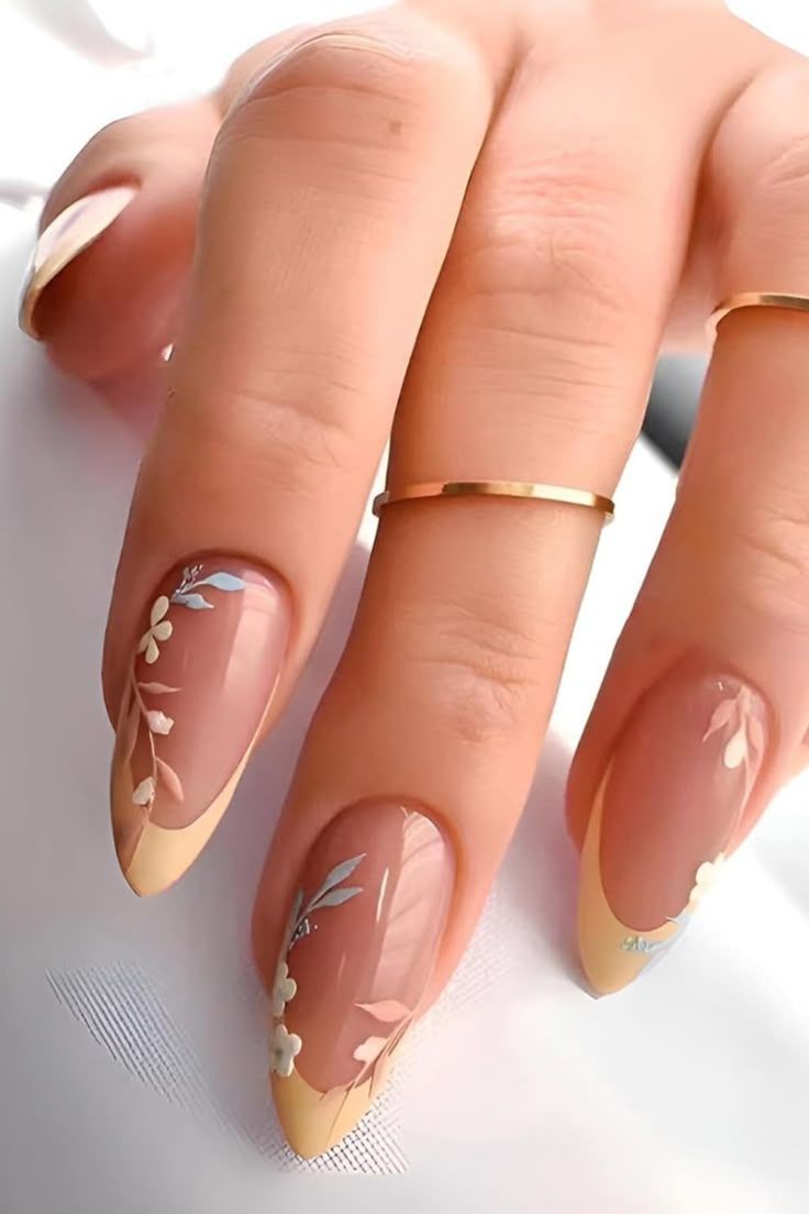 Almond Medium Long Light Yellow Leaf French Tip Fake Nails, 
