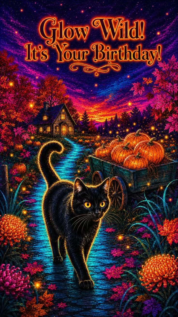 Send a little autumn magic with a colorful black-cat birthda