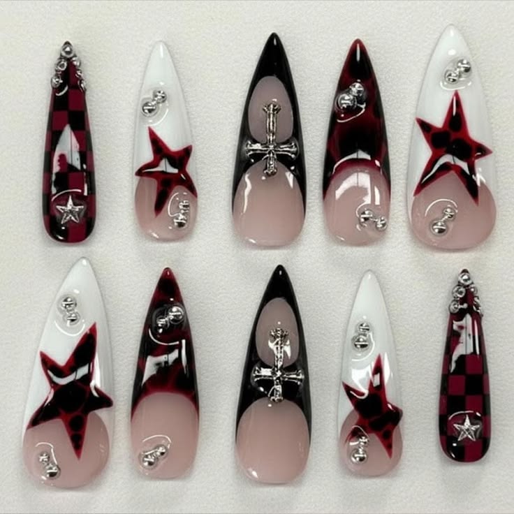Bold and edgy gothic press-on nails featuring red, black, an