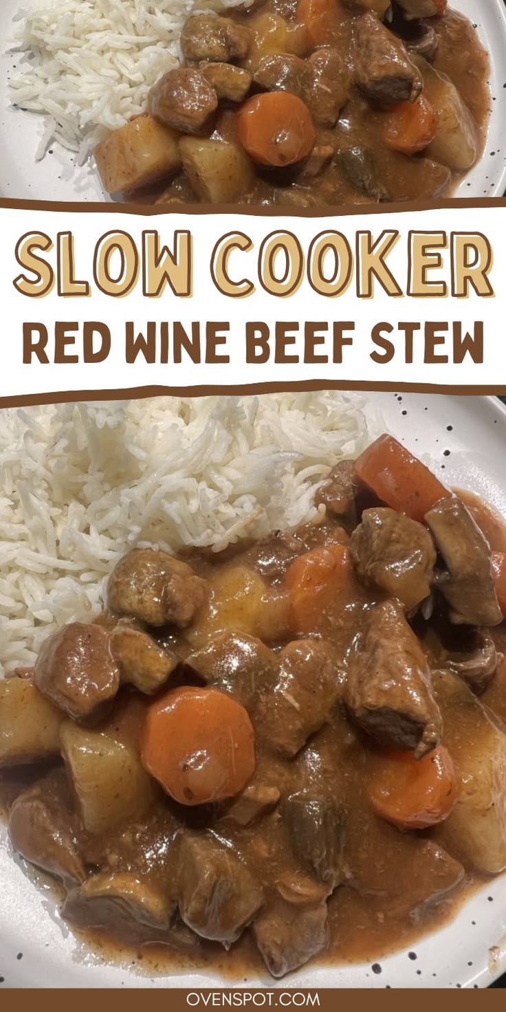 This slow cooker red wine beef stew is rich, tender, deeply 