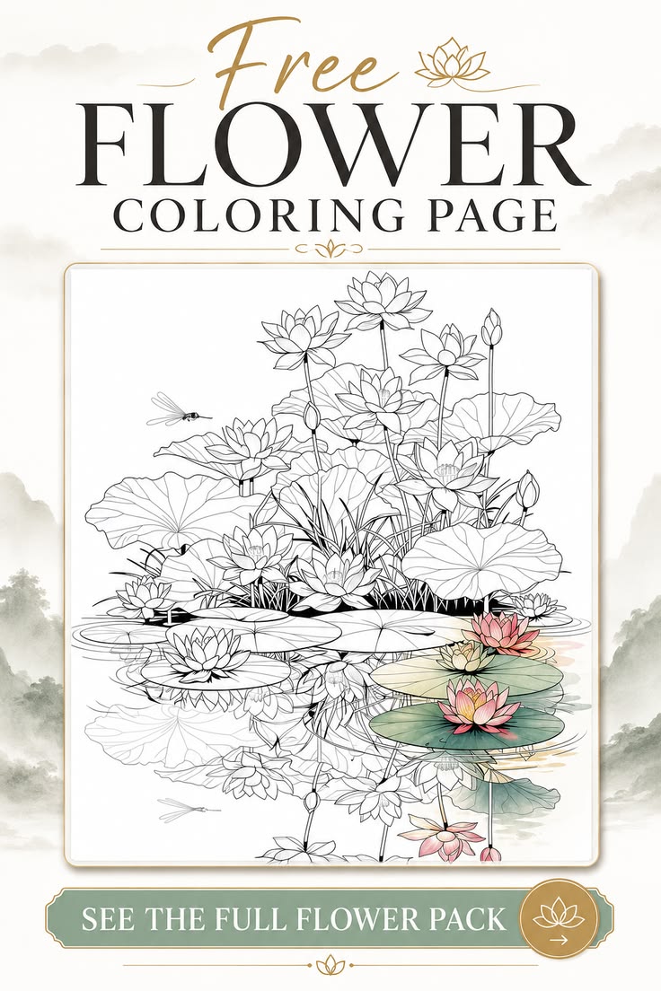 Start with a free lotus coloring page, then see the full 20-