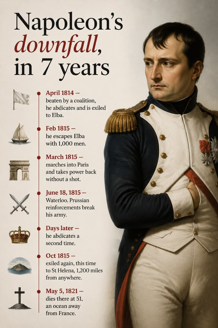 April 1814 — Napoleon is beaten by a coalition, abdicates, a