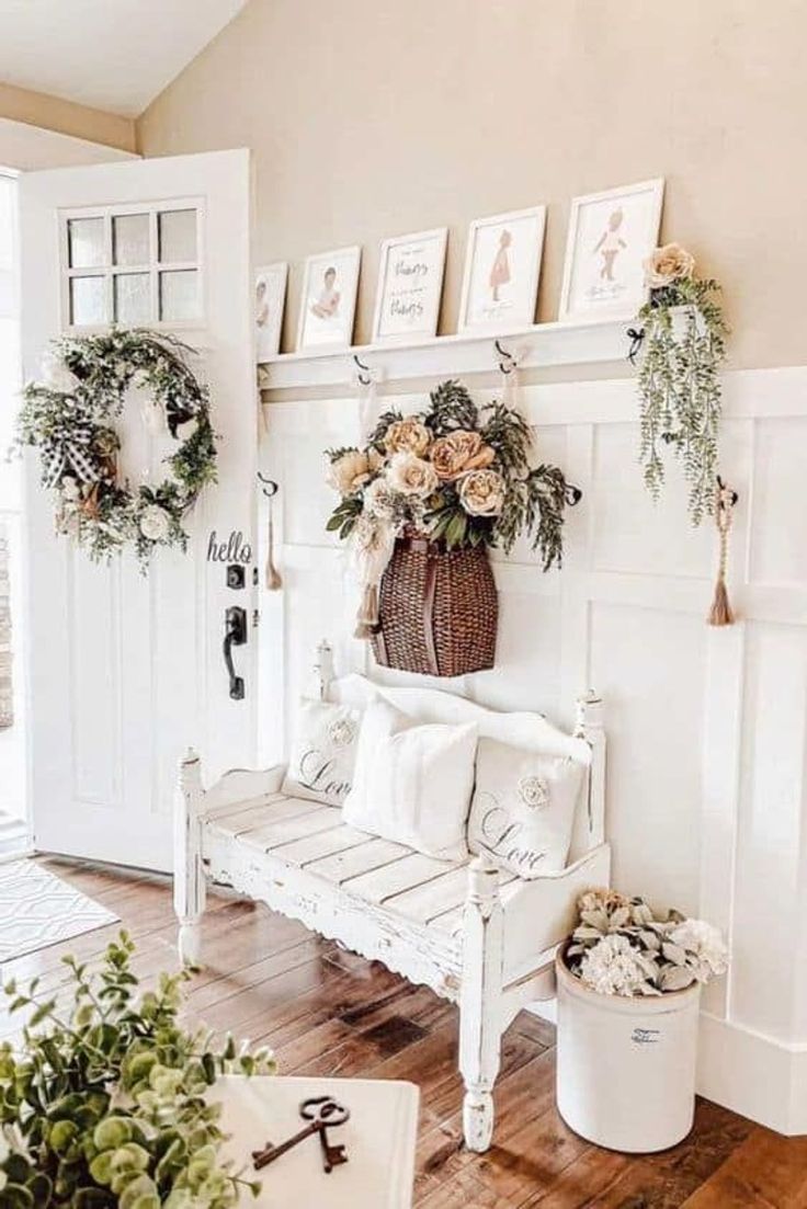 white bench, wood floors, lots of flowers - cottagecore aest