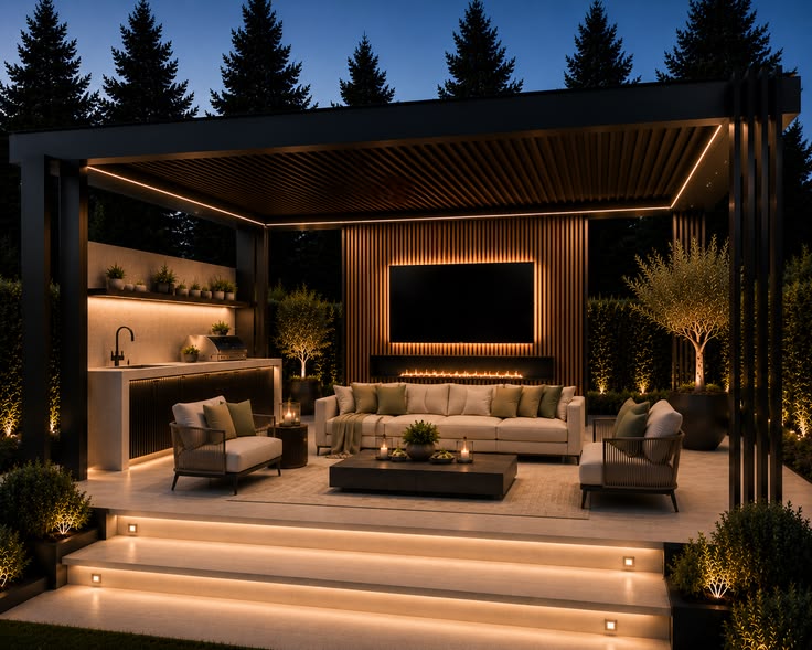 Un refugio exterior contemporáneo donde la iluminación, el c