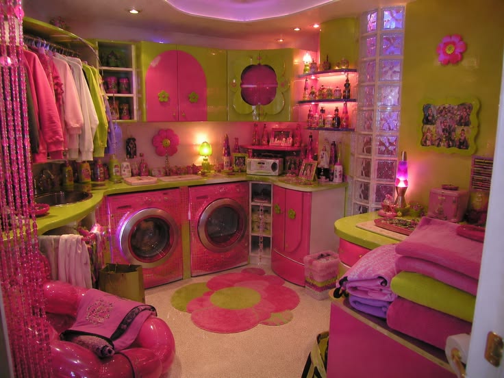 A bright 2003 laundry room with pink washing machines, lime 