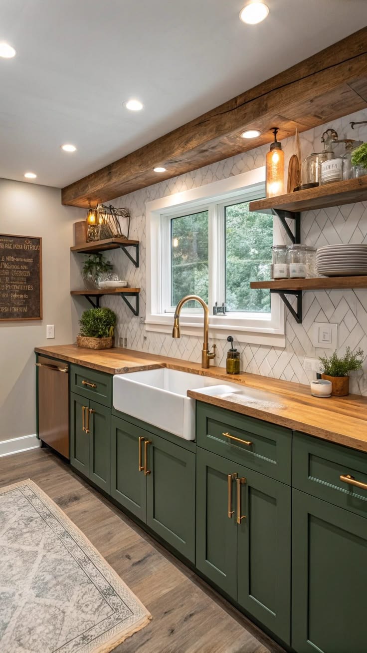 Transform your space with green cabinets, warm wooden counte