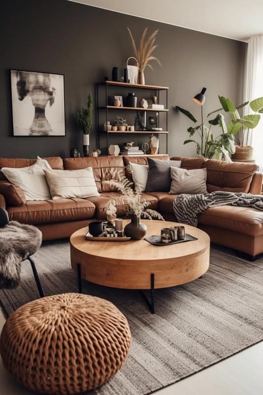 Explore an urban rustic living room with a wall of potted pl