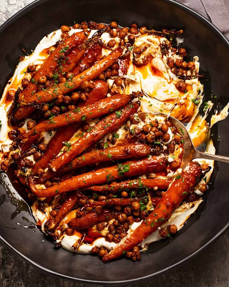 Spicy maple roast carrots with crispy chickpeas and yogurt s