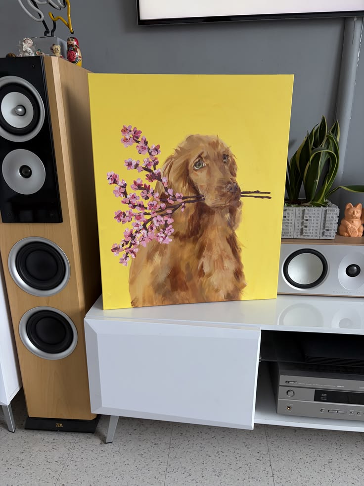 Original acrylic portrait of a Cocker Spaniel with cherry bl