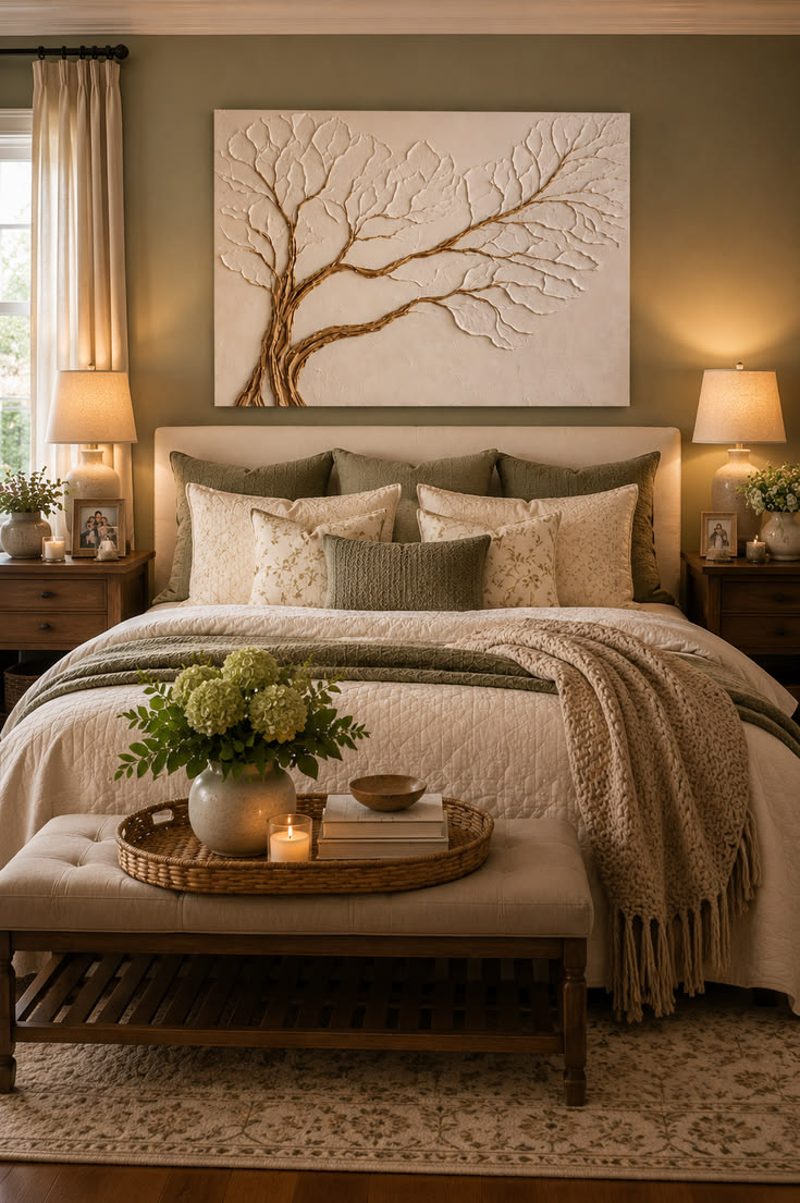 A soft sculptural tree canvas in cream and gold that brings 