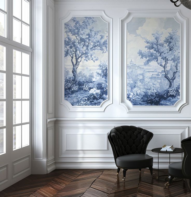 Blue Watercolor Trees Wallpaper, Classic French Style Landsc