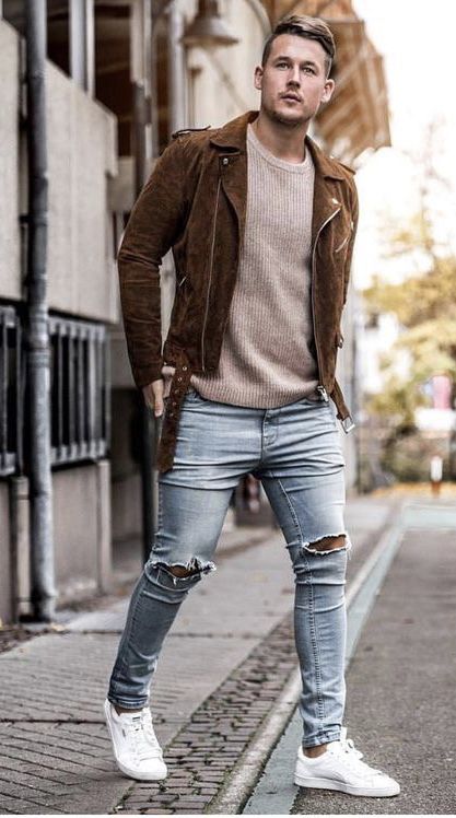 Fall outfit inspiration with a brown suede jacket beige swea