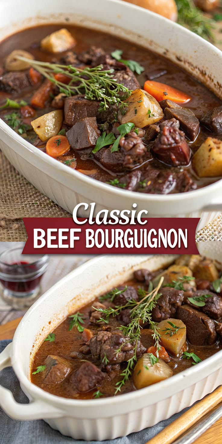 Beef Bourguignon is a slow-cooked French stew known for its 