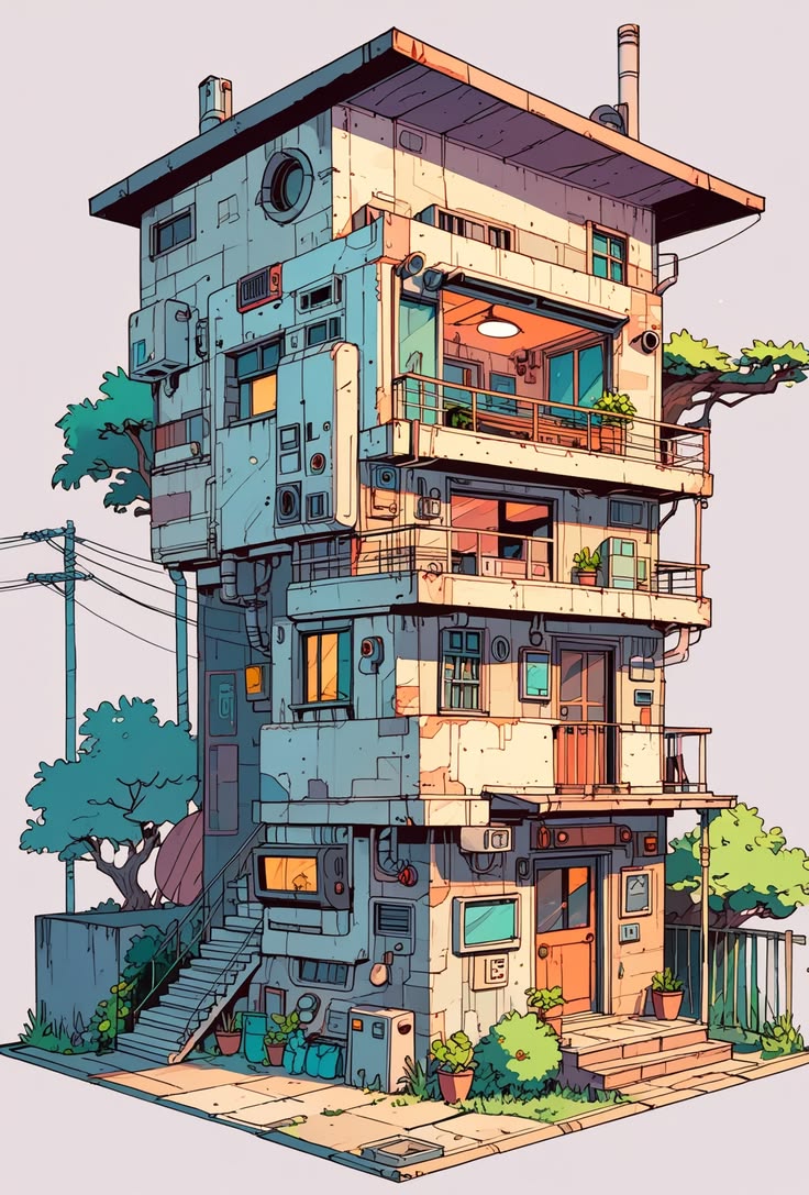 A futuristic, two- to three-story house with a cyberpunk atm