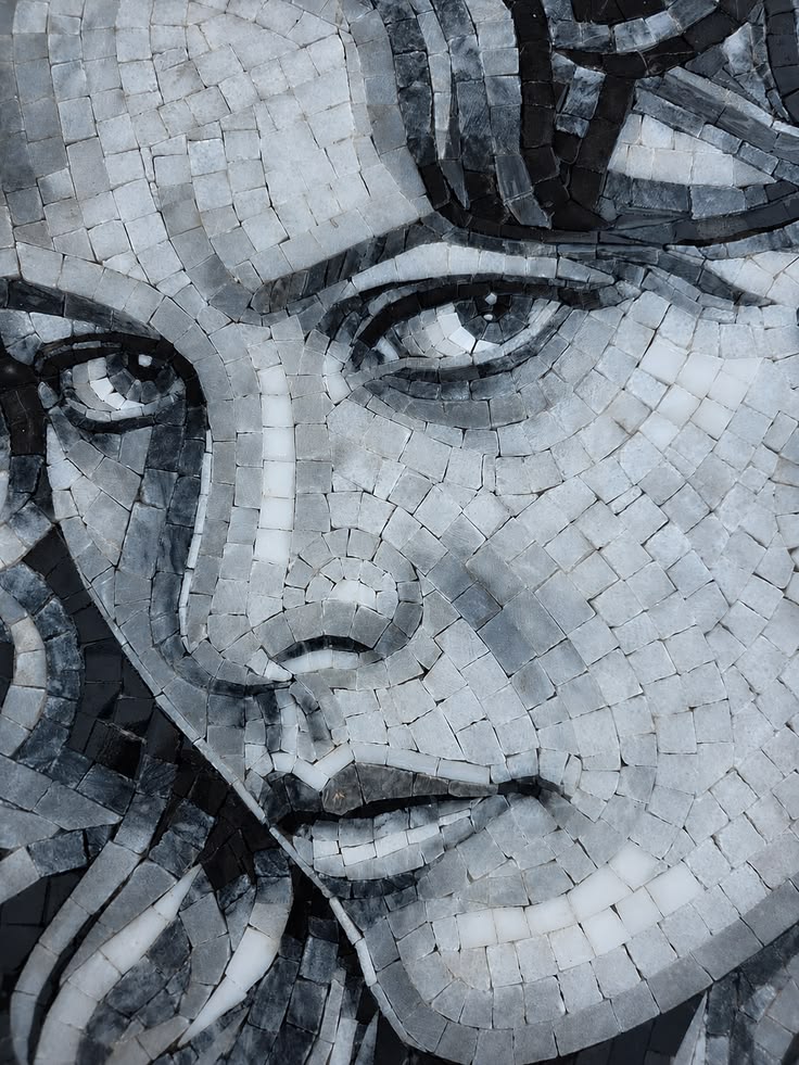 Handmade black and white marble mosaic portrait, crafted fro