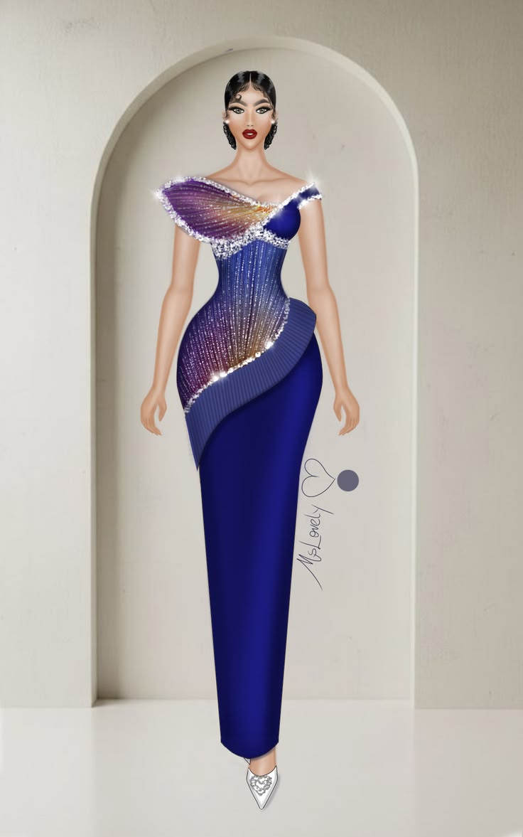 This stunning sapphire blue couture gown features sparkling 