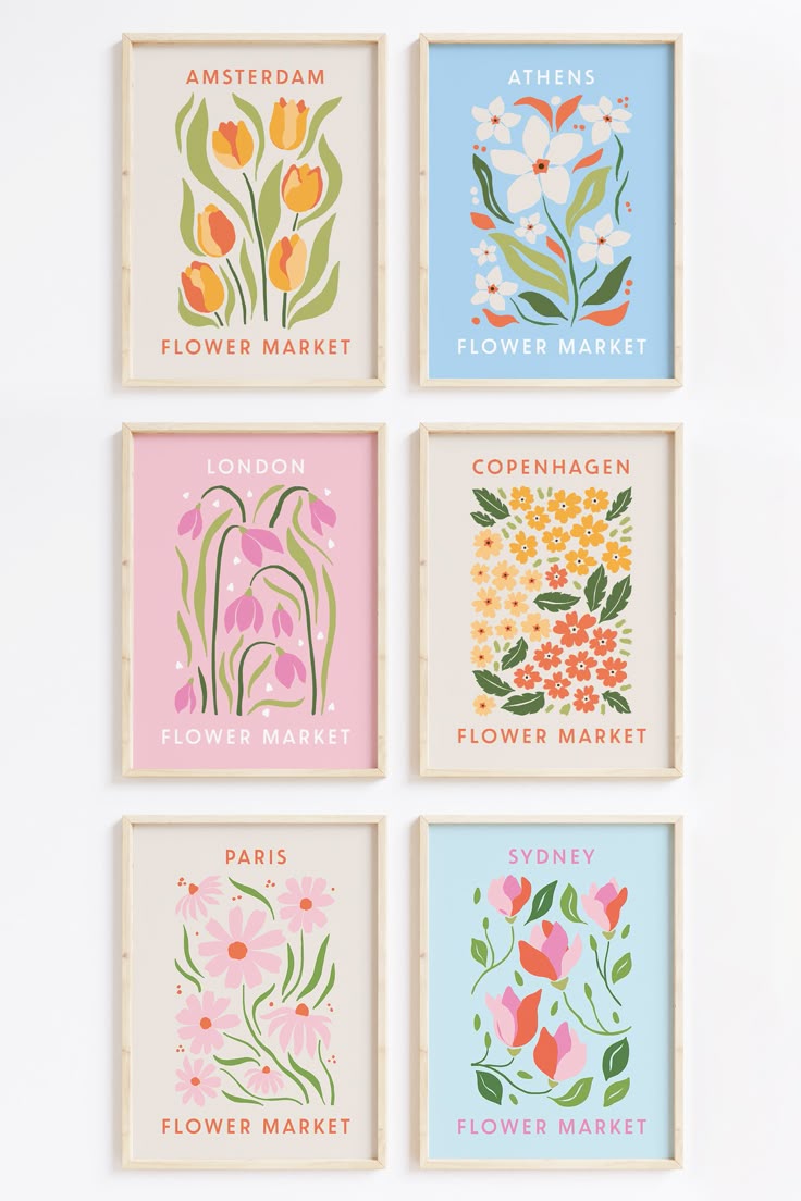 $12.00 Flower Market Print Set of 6, Pink Wall Art, Botanica