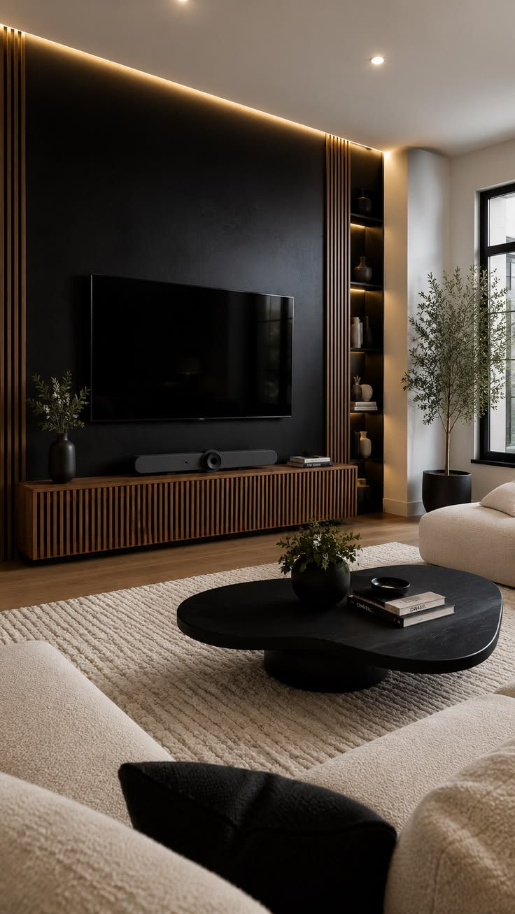 A dramatic black TV wall balanced with warm wood and soft ne