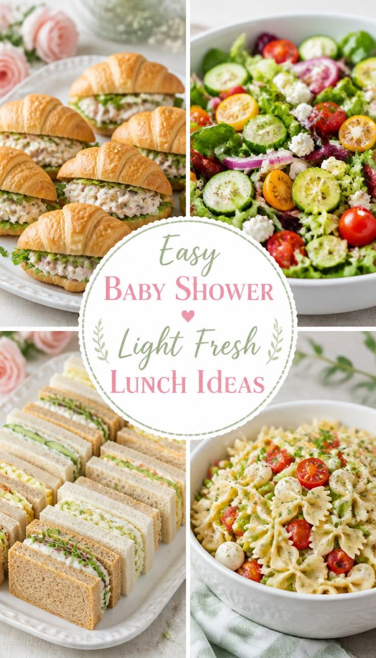 Chicken salad croissants, garden salad, pasta salad, and tea