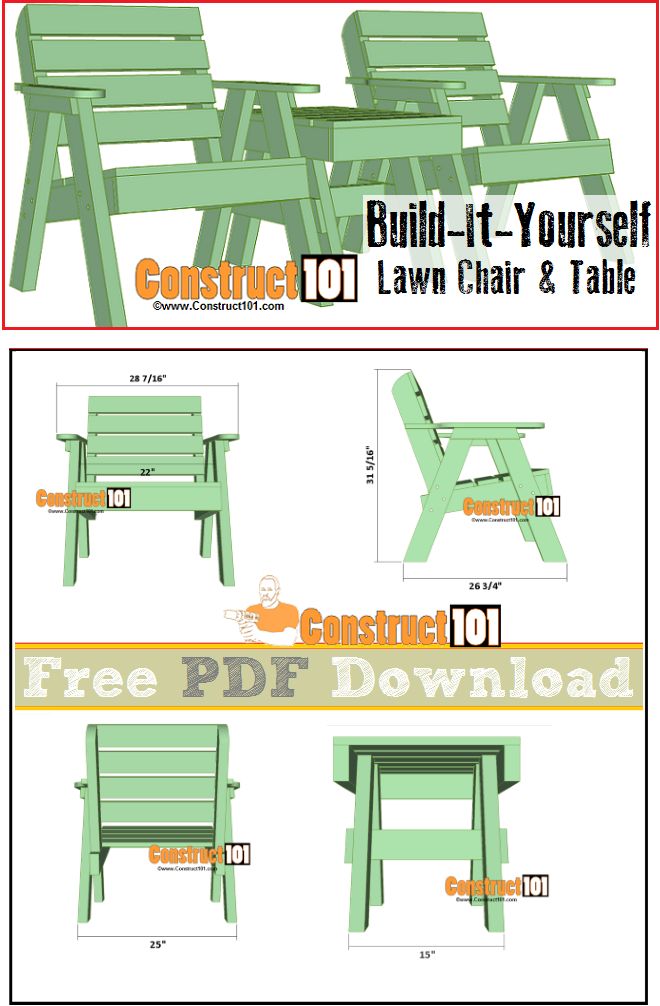 Lawn chair and table plans, free PDF download, cutting list,