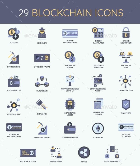Cryptocurrency, Bitcoin & Blockchain Icon Set by Krafted | G