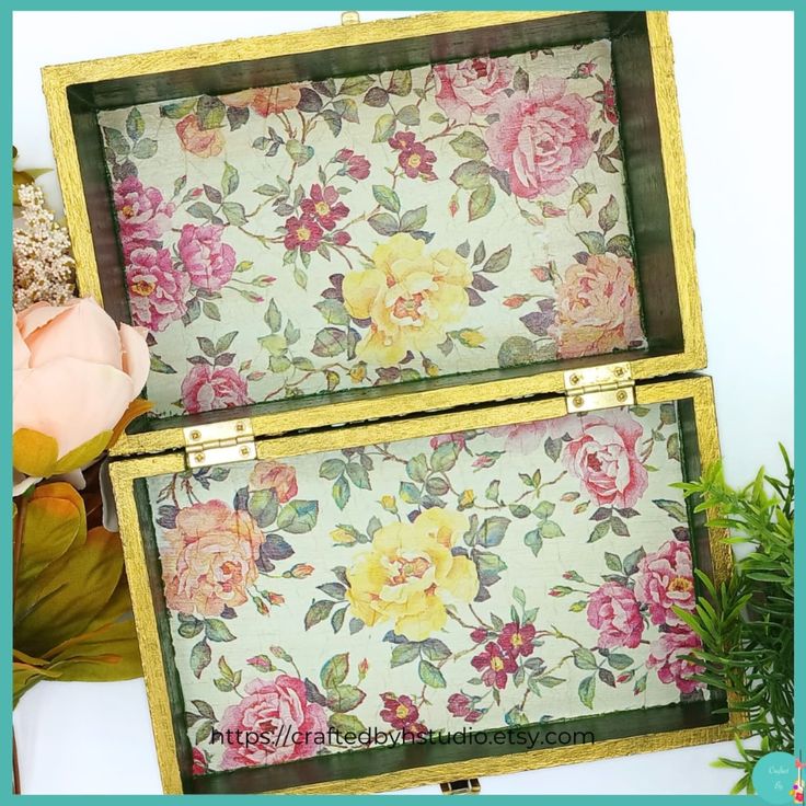 Olive green exposed wooden decorative box with floral design
