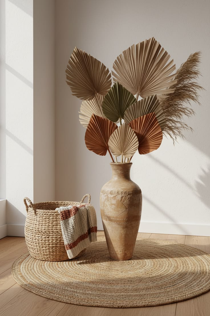 A tall clay vase holds dried palm fans in a cozy living room