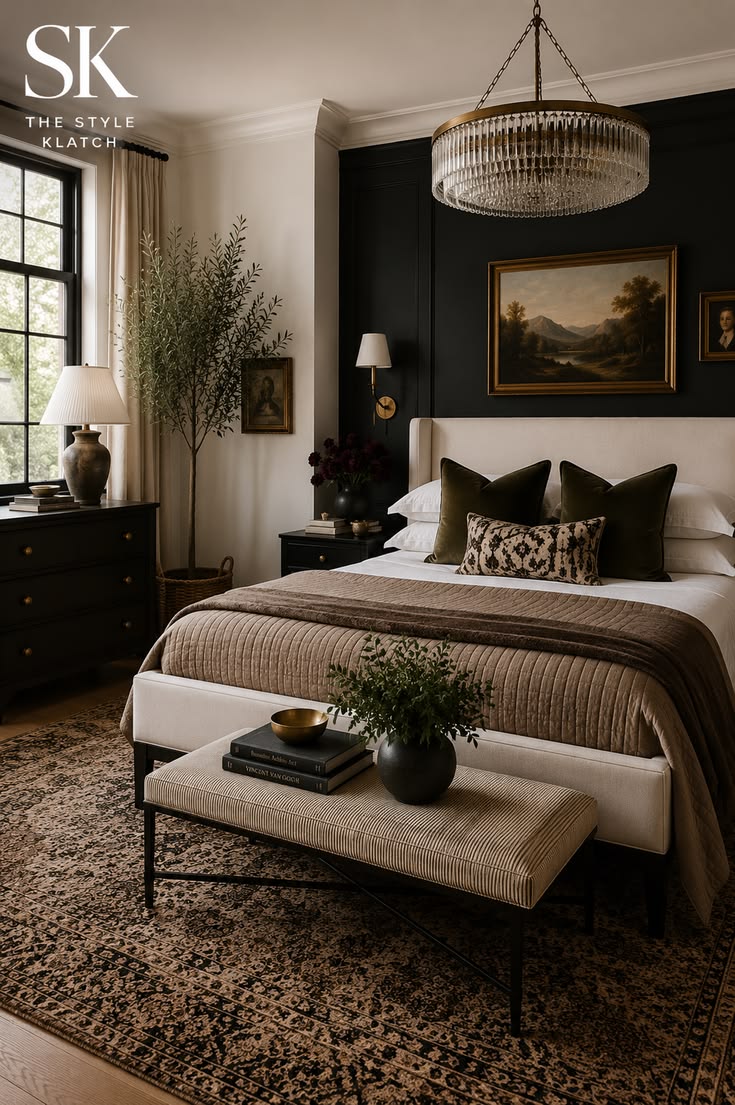 This moody modern traditional bedroom blends rich dark walls