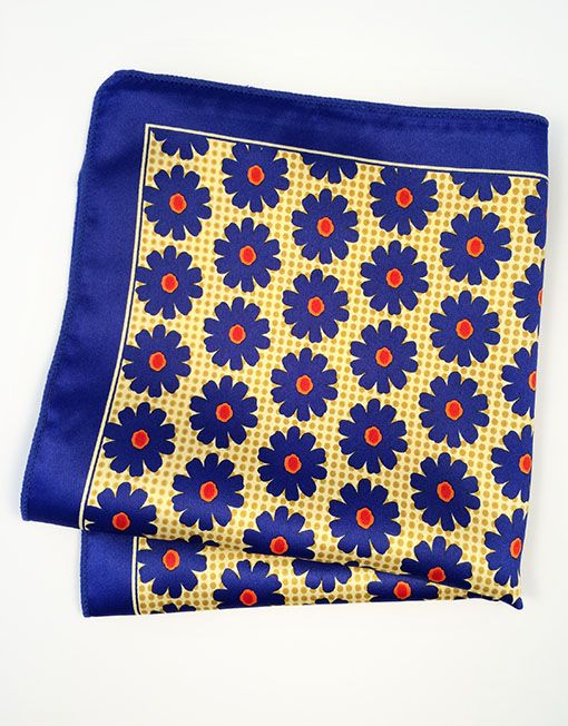 Bold blue and yellow floral pocket square.  Looks great with