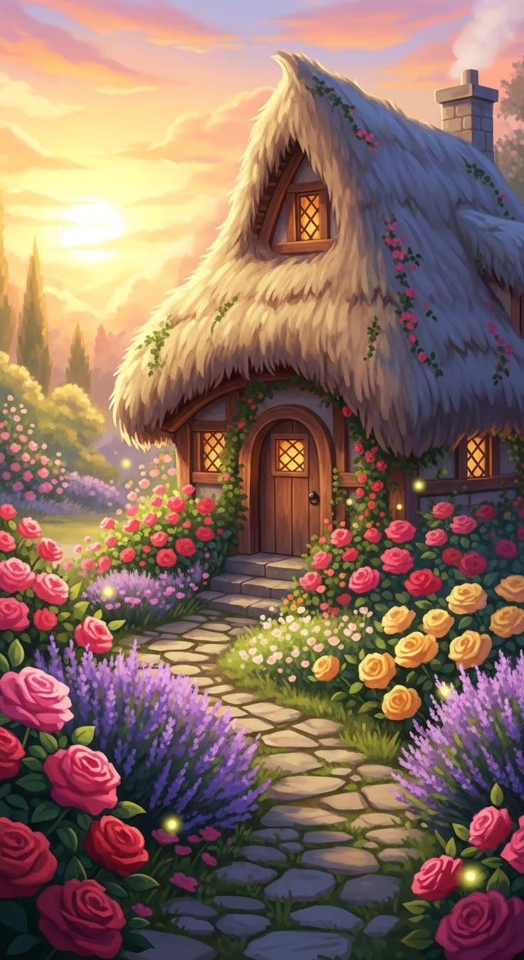 Sunset garden cottage, cozy fairy-tale home, storybook garde