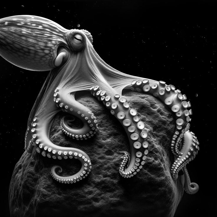 In the silent depths where light rarely ventures, an octopus