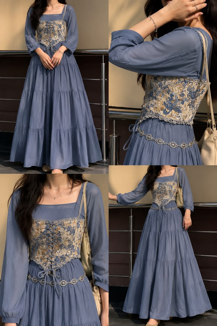 Elegant blue floral corset maxi dress with a flowy design. P