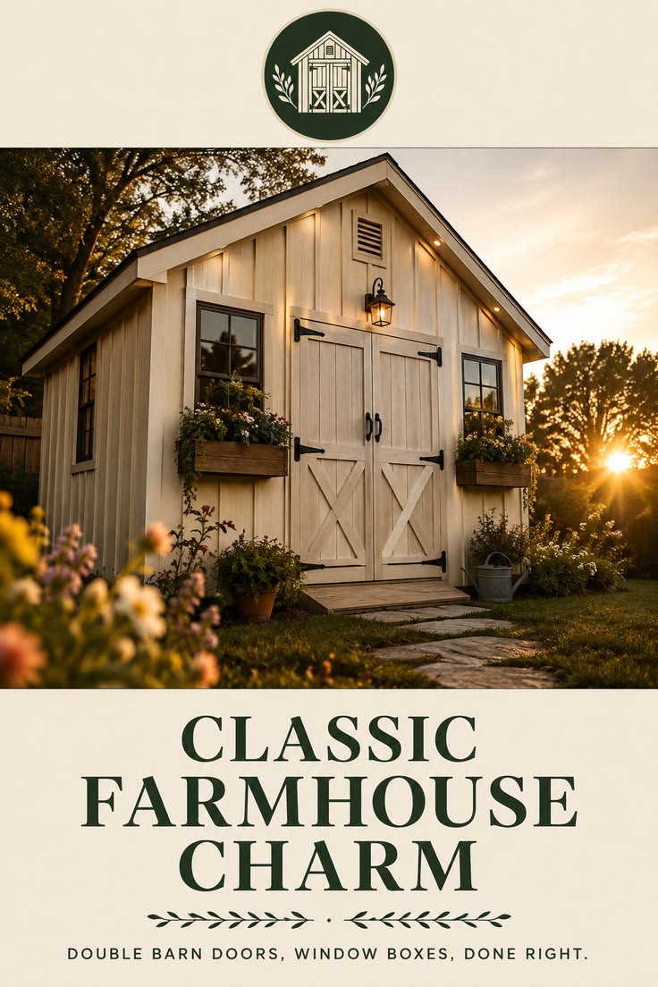 Farmhouse shed with double barn doors and window boxes. Farm