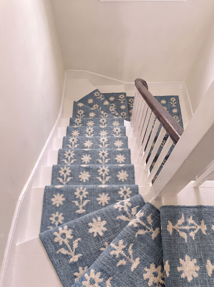 2.5X25 Blue Floral Jute Floral Stair Runner Rug | Modern Jut