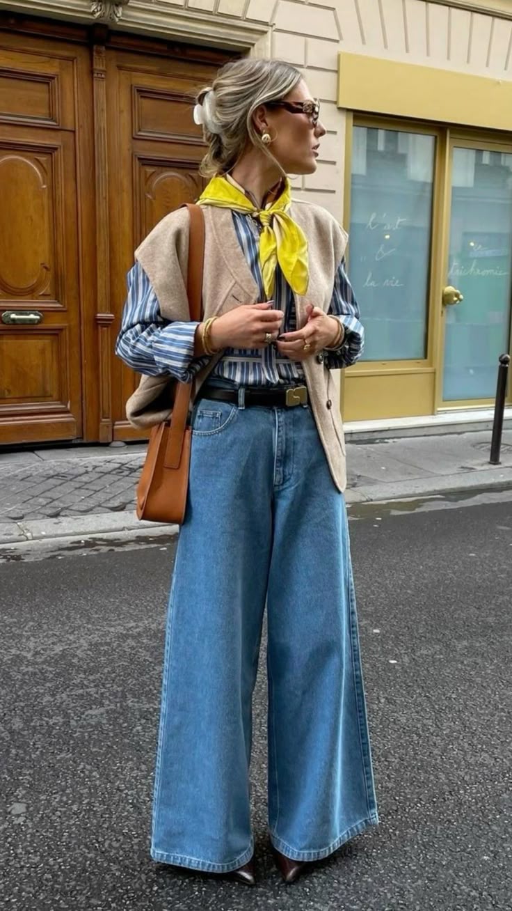 Spring outfit, vest outfit, wide leg jeans outfit, stripe sh