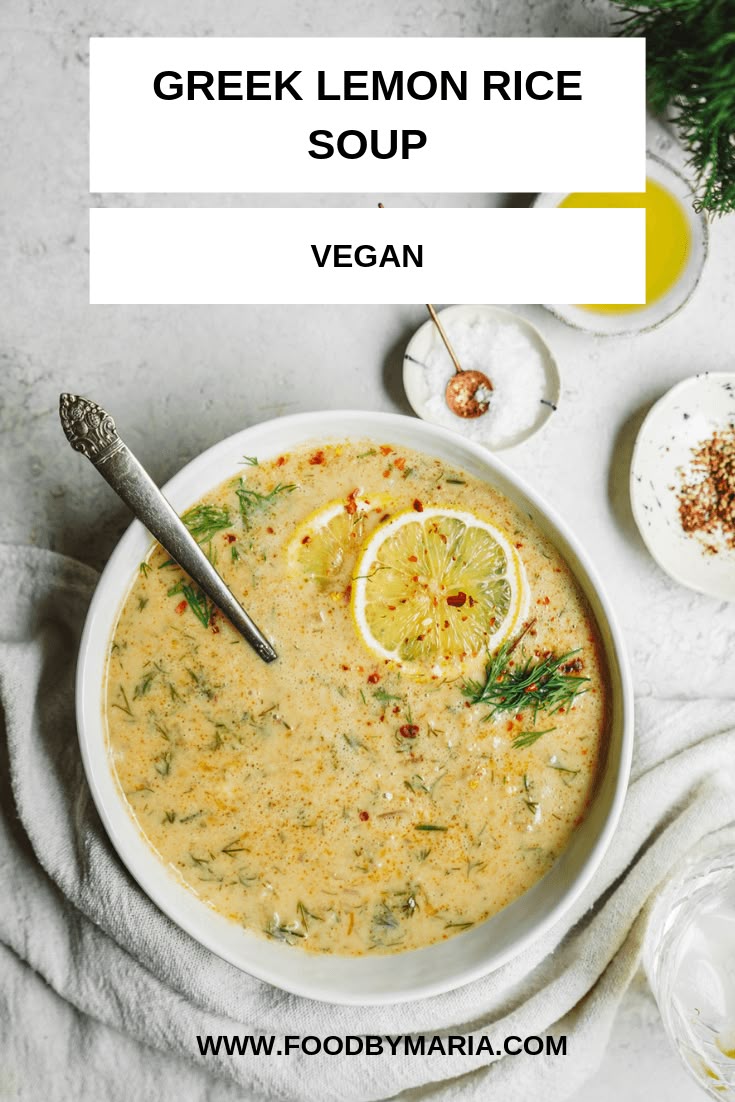 Pinterest pin of vegan lemon rice soup on counter. #vegan #p